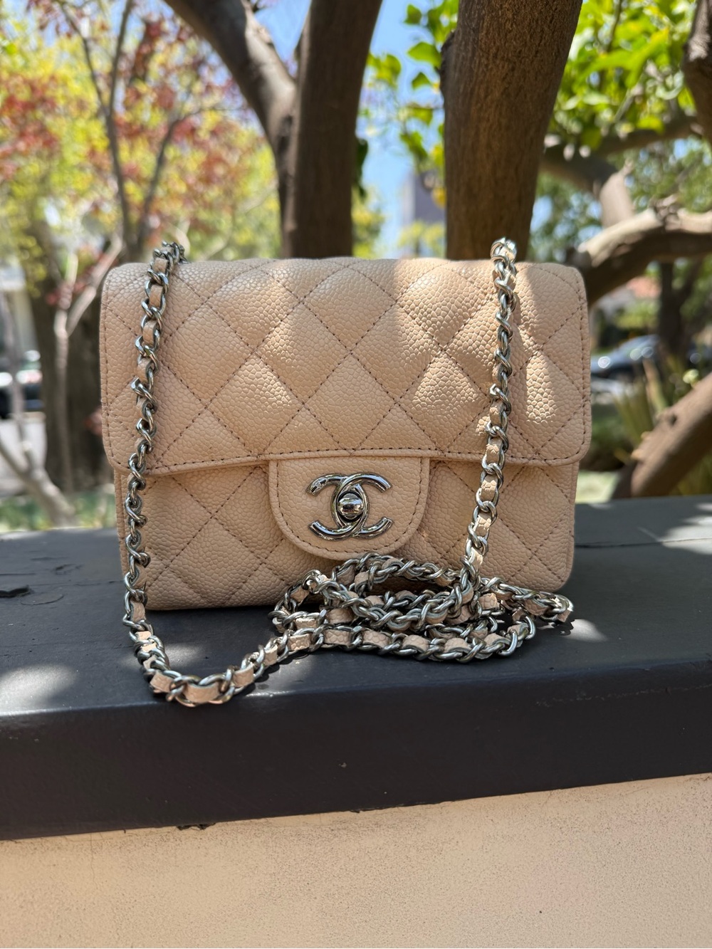 Beige Quilted Mini Flap Crossbody with Silver Chain Size Mini